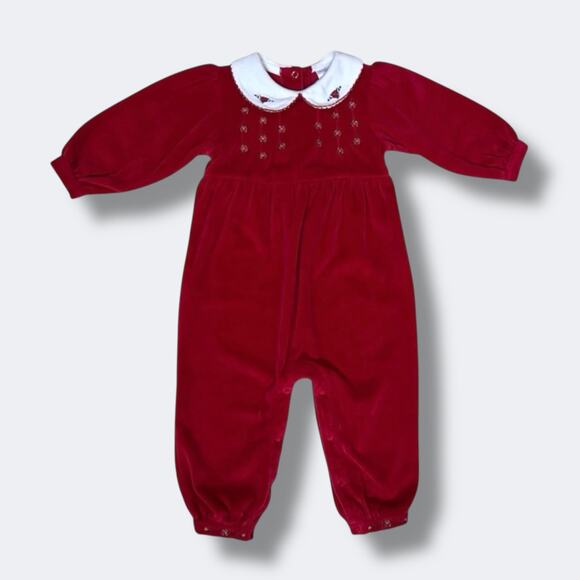 Healthtex Girls Romper 18M Red Velour Embroidered Roses One Piece Peter Pan - Picture 1 of 8